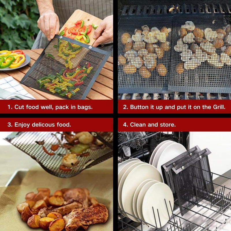 WOHLOPL Grill Bags - Reusable Non-Stick BBQ Mesh Grill Bags, 4 Pieces, Two Sizes (15.7 x 10.6 Inch, 8.7 x 10.6 Inch), Black - Image 4
